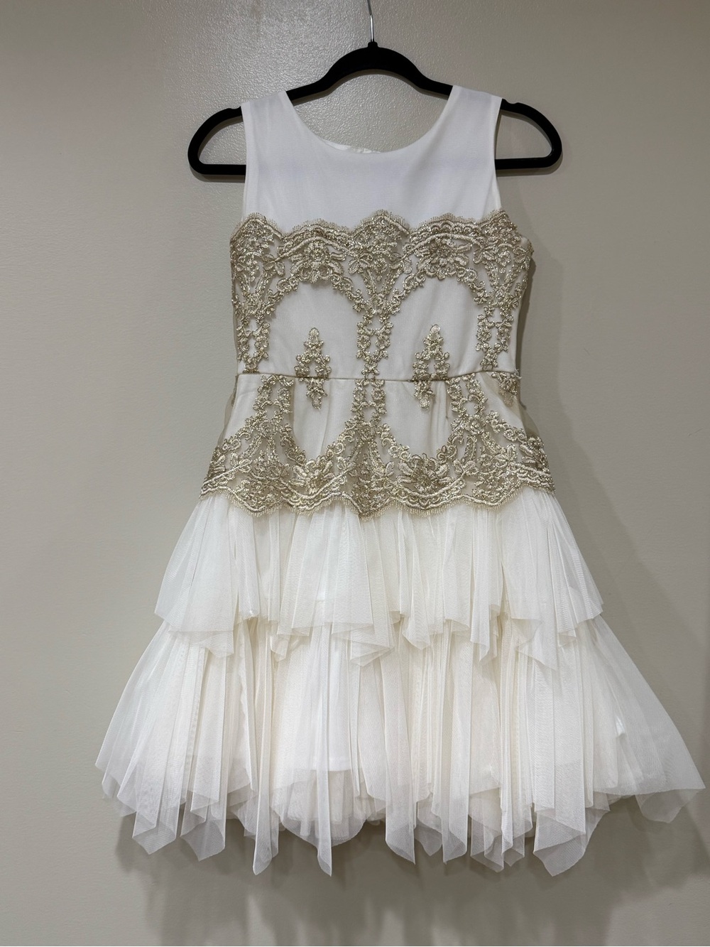 Girls Ivory Tulle Dress with Gold Lace Appliqué
